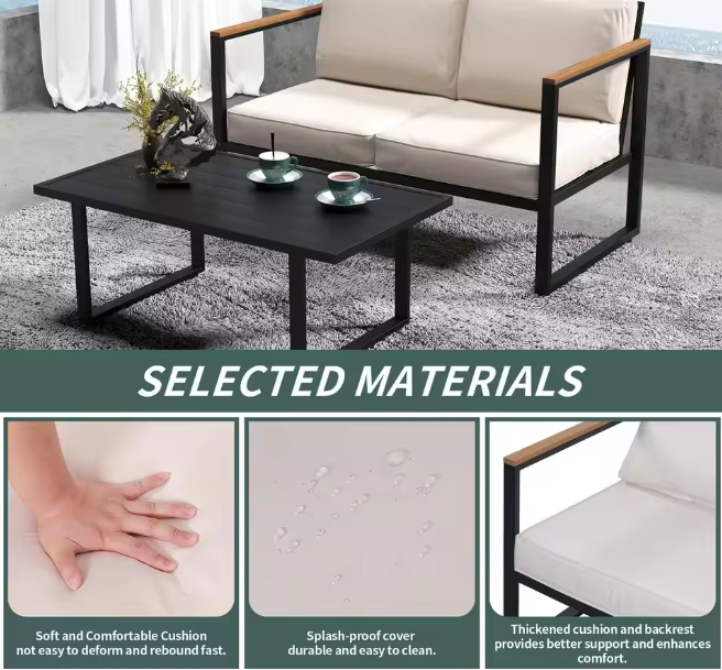 4-Piece Outdoor Patio Set, Metal Conversation Sofa With Washable Cushions, 2 Chairs & Coffee Table For Garden Balcony