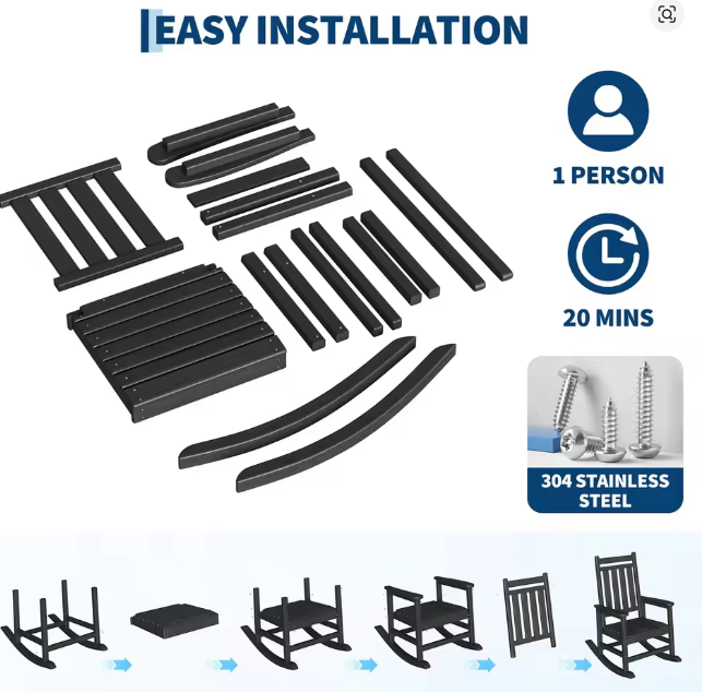 2-Piece Outdoor Poly Lumber Rocking Chair Set With Side Table, HDPE High-Back Adirondack Porch Rockers, All-Weather Resistant