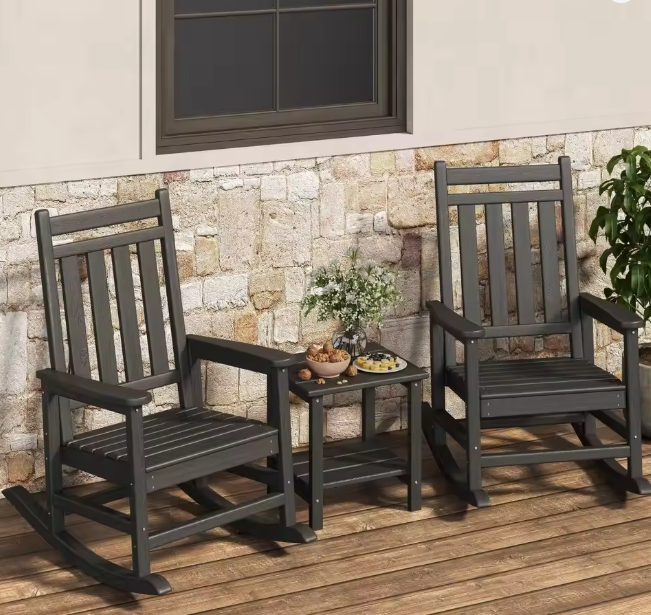 2-Piece Outdoor Poly Lumber Rocking Chair Set With Side Table, HDPE High-Back Adirondack Porch Rockers, All-Weather Resistant