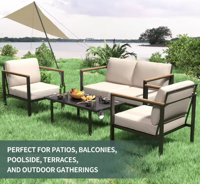 4-Piece Outdoor Patio Set, Metal Conversation Sofa With Washable Cushions, 2 Chairs & Coffee Table For Garden Balcony