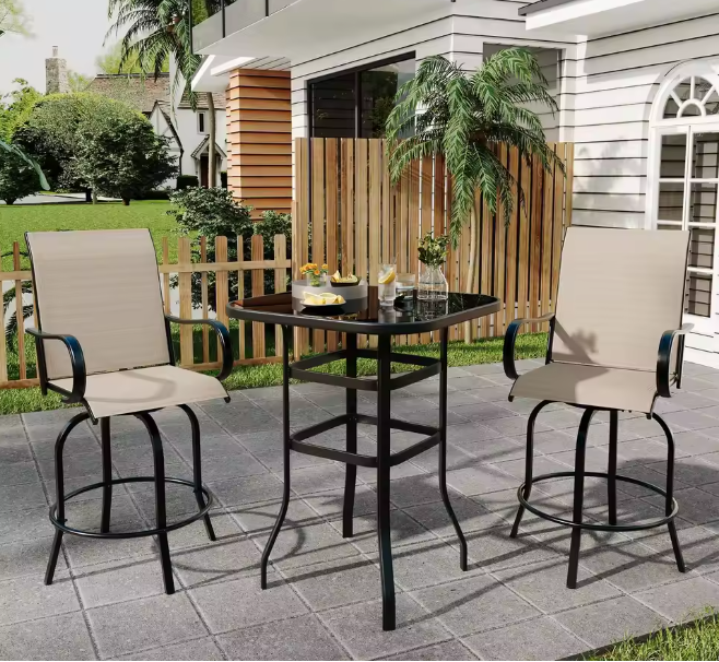 Set Of 2 All-Weather Swivel Bar Stools, 360&deg; Rotating Outdoor Counter Height Chairs With High Back & Armrests For Deck Patio