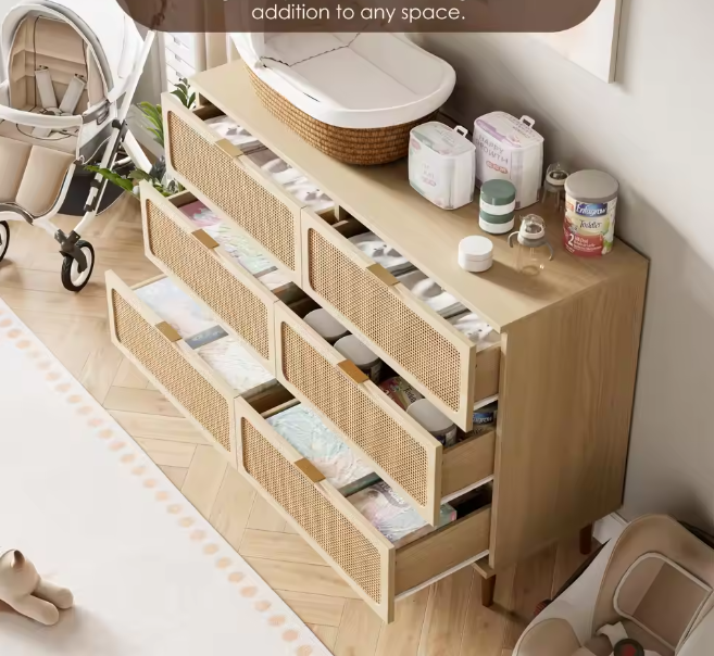  6-Drawer Rattan Dresser, Natural Hand-Woven Rattan & Wood Large Storage Dresser With Deep Drawers For Bedroom Living Room