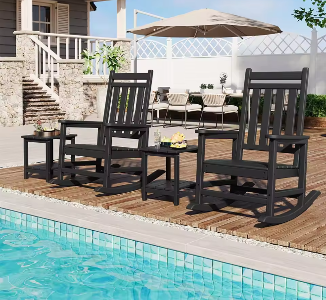 2-Piece Outdoor Poly Lumber Rocking Chair Set With Side Table, HDPE High-Back Adirondack Porch Rockers, All-Weather Resistant