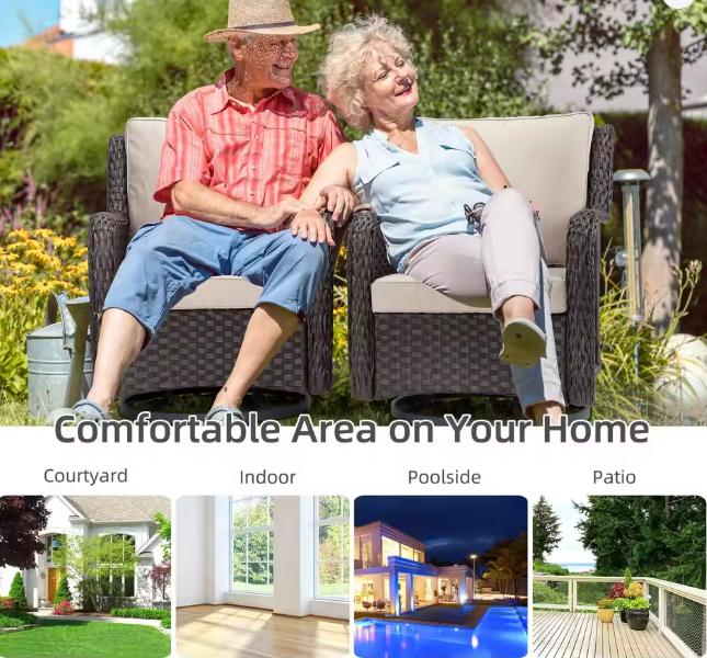 3-Piece Wicker Swivel Rocker Patio Set, 360&deg; Swivel Rocking Chairs With Tempered Glass Side Table, Outdoor Bistro Furniture