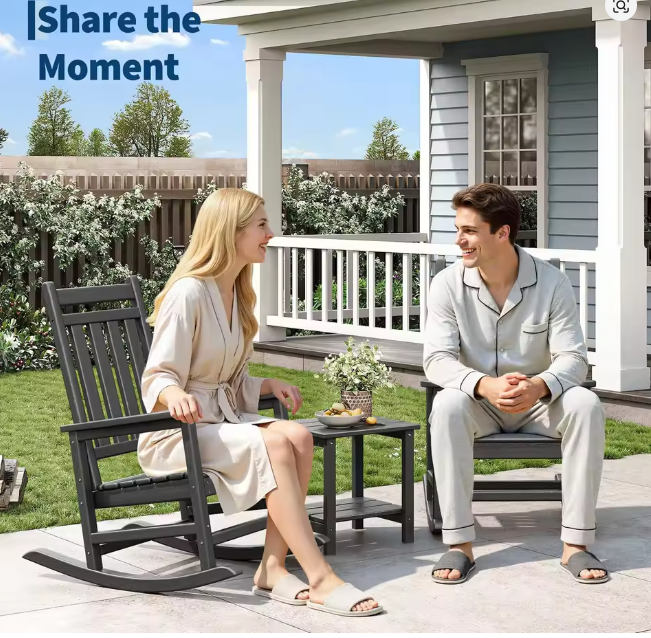 2-Piece Outdoor Poly Lumber Rocking Chair Set With Side Table, HDPE High-Back Adirondack Porch Rockers, All-Weather Resistant