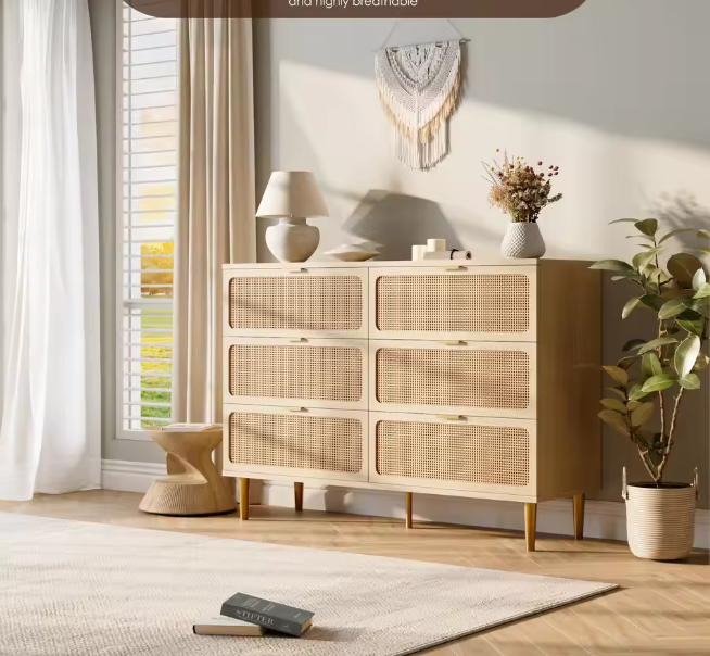  6-Drawer Rattan Dresser, Natural Hand-Woven Rattan & Wood Large Storage Dresser With Deep Drawers For Bedroom Living Room