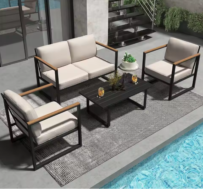 4-Piece Outdoor Patio Set, Metal Conversation Sofa With Washable Cushions, 2 Chairs & Coffee Table For Garden Balcony
