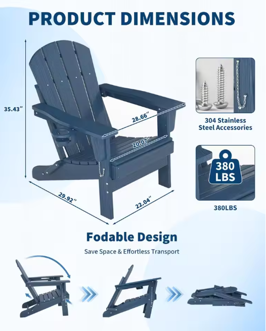Folding Adirondack Chair With Cup Holder, All-Weather HDPE Patio Chair, Wood Textured 380lb Deck & Garden Chair