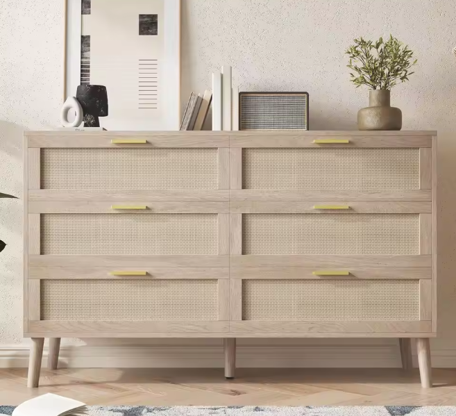  47.2" Rattan 6 Drawer Dresser Mid Century Modern Chest Of Drawers With Gold Handles Large Storage Dresser For Bedroom Entryway