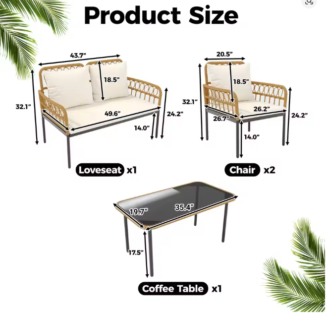 4-Piece Rattan Patio Set With Loveseat, 2 Chairs & Glass Table, Boho Outdoor Furniture For Backyard Porch Balcony