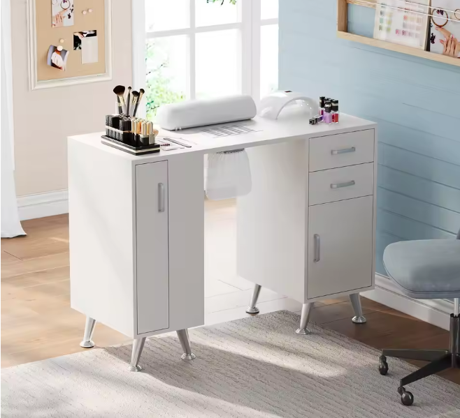 42.5" Electric Manicure Table With Dust Collector, Storage Cabinet, Drawers & Shelves, Nail Salon Workstation & Vanity Desk