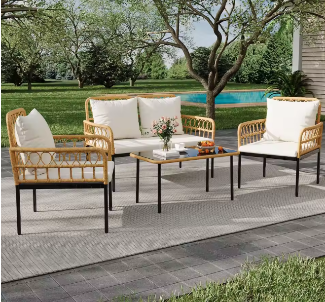 4-Piece Rattan Patio Set With Loveseat, 2 Chairs & Glass Table, Boho Outdoor Furniture For Backyard Porch Balcony
