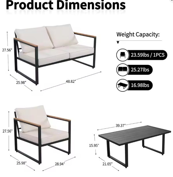 4-Piece Outdoor Patio Set, Metal Conversation Sofa With Washable Cushions, 2 Chairs & Coffee Table For Garden Balcony