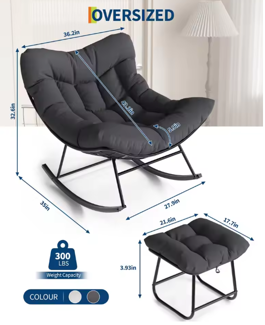 Oversized Papasan Rocking Chair With Ottoman, Outdoor Lounge Egg Rocker For Porch Balcony Backyard, Heavy Duty 450lb Capacity