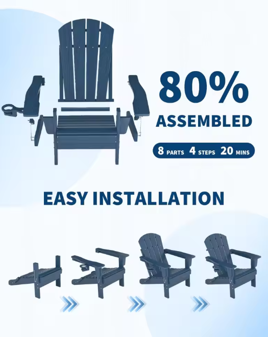 Folding Adirondack Chair With Cup Holder, All-Weather HDPE Patio Chair, Wood Textured 380lb Deck & Garden Chair