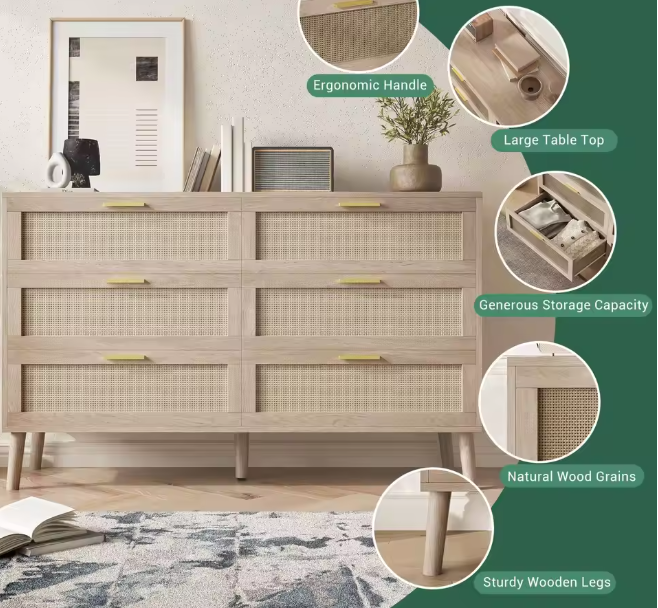  47.2" Rattan 6 Drawer Dresser Mid Century Modern Chest Of Drawers With Gold Handles Large Storage Dresser For Bedroom Entryway