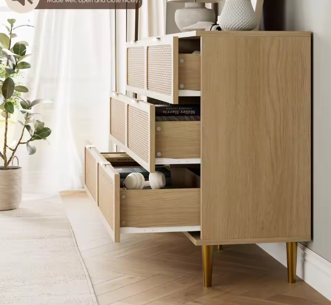  6-Drawer Rattan Dresser, Natural Hand-Woven Rattan & Wood Large Storage Dresser With Deep Drawers For Bedroom Living Room