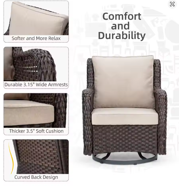 3-Piece Wicker Swivel Rocker Patio Set, 360&deg; Swivel Rocking Chairs With Tempered Glass Side Table, Outdoor Bistro Furniture