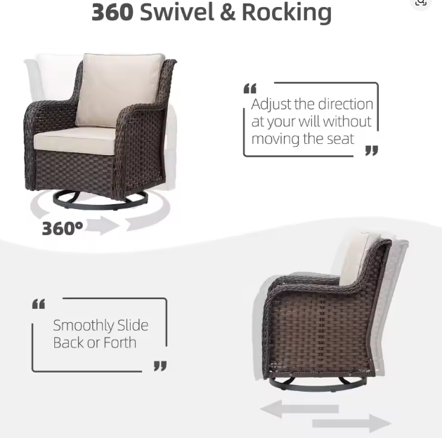 3-Piece Wicker Swivel Rocker Patio Set, 360&deg; Swivel Rocking Chairs With Tempered Glass Side Table, Outdoor Bistro Furniture