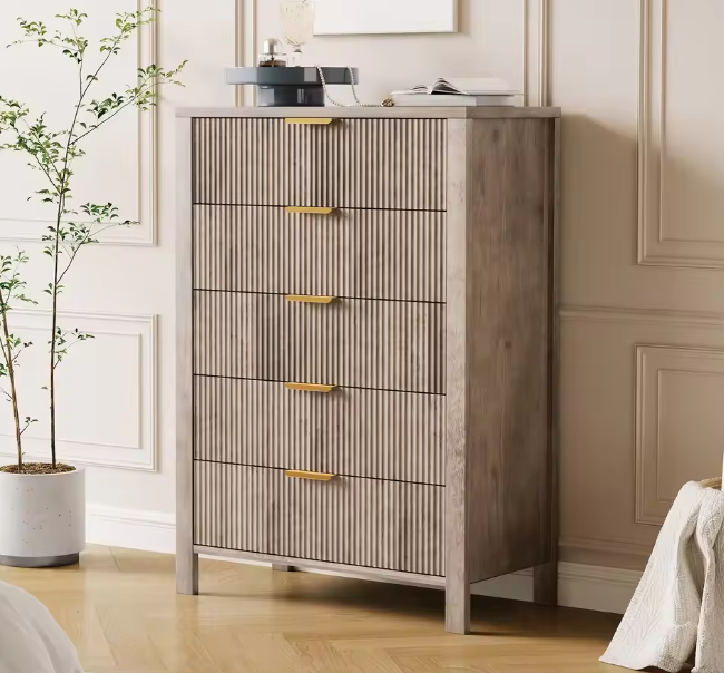 5-Drawer Tall Oak Dresser With Gold Handles, Modern Wood Storage Cabinet Organizer For Bedroom, Living Room, Hallway & Entryway