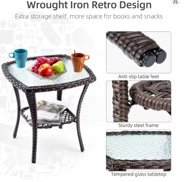 3-Piece Wicker Swivel Rocker Patio Set, 360&deg; Swivel Rocking Chairs With Tempered Glass Side Table, Outdoor Bistro Furniture