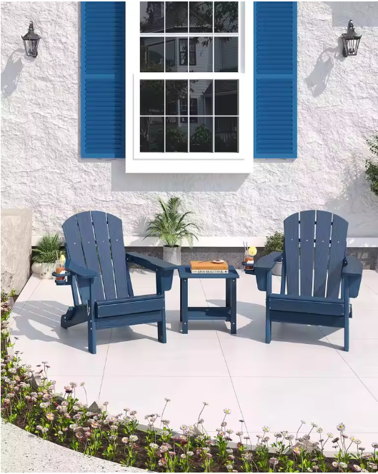 Folding Adirondack Chair With Cup Holder, All-Weather HDPE Patio Chair, Wood Textured 380lb Deck & Garden Chair