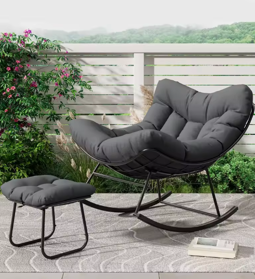 Oversized Papasan Rocking Chair With Ottoman, Outdoor Lounge Egg Rocker For Porch Balcony Backyard, Heavy Duty 450lb Capacity