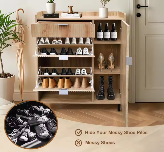 Shoe Storage Cabinet With Flip Drawers, Freestanding Narrow Entryway Shoe Organizer With Adjustable Shelves, Modern Wave Pattern