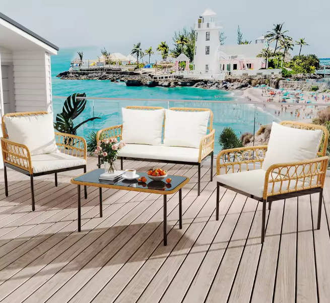 4-Piece Rattan Patio Set With Loveseat, 2 Chairs & Glass Table, Boho Outdoor Furniture For Backyard Porch Balcony