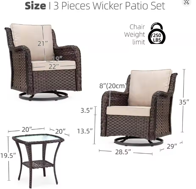 3-Piece Wicker Swivel Rocker Patio Set, 360&deg; Swivel Rocking Chairs With Tempered Glass Side Table, Outdoor Bistro Furniture