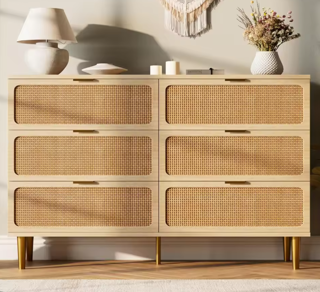  6-Drawer Rattan Dresser, Natural Hand-Woven Rattan & Wood Large Storage Dresser With Deep Drawers For Bedroom Living Room