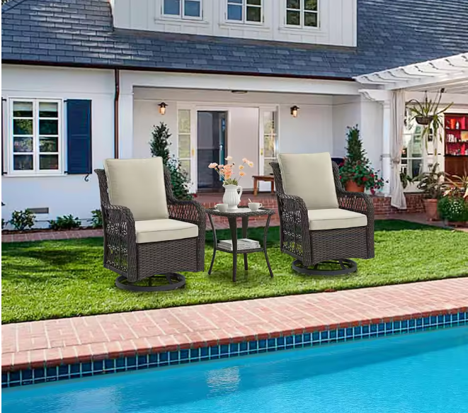 3-Piece Wicker Swivel Rocking Patio Set, 2 Chairs & Glass Table, Rattan Outdoor Furniture With Cushions For Patio Porch Backyard