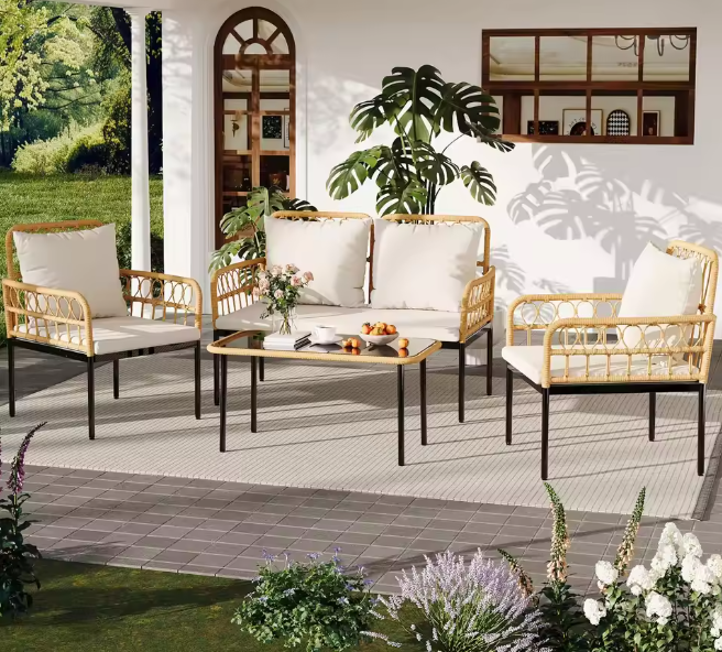 4-Piece Rattan Patio Set With Loveseat, 2 Chairs & Glass Table, Boho Outdoor Furniture For Backyard Porch Balcony