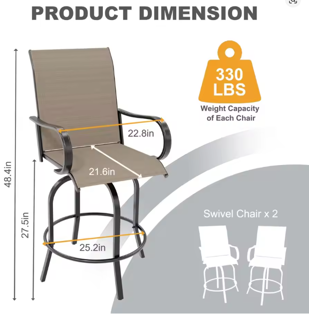 Set Of 2 All-Weather Swivel Bar Stools, 360&deg; Rotating Outdoor Counter Height Chairs With High Back & Armrests For Deck Patio