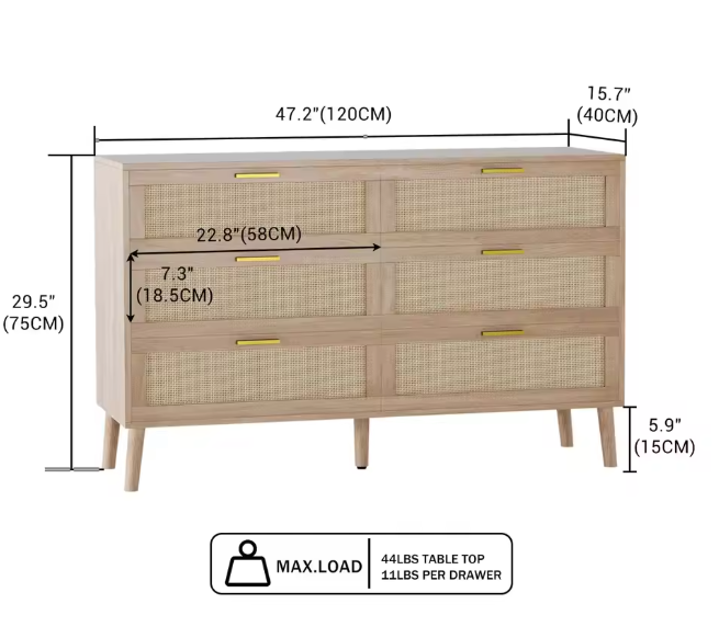  47.2" Rattan 6 Drawer Dresser Mid Century Modern Chest Of Drawers With Gold Handles Large Storage Dresser For Bedroom Entryway