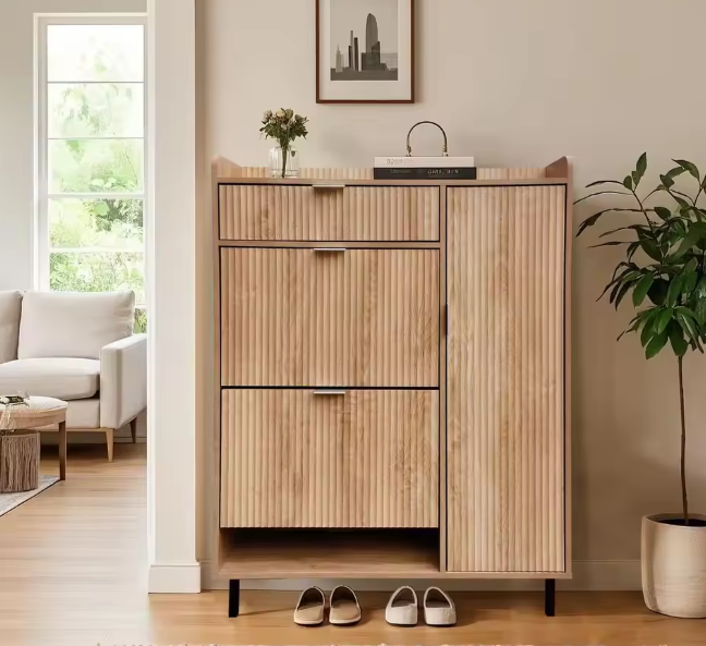 Shoe Storage Cabinet With Flip Drawers, Freestanding Narrow Entryway Shoe Organizer With Adjustable Shelves, Modern Wave Pattern