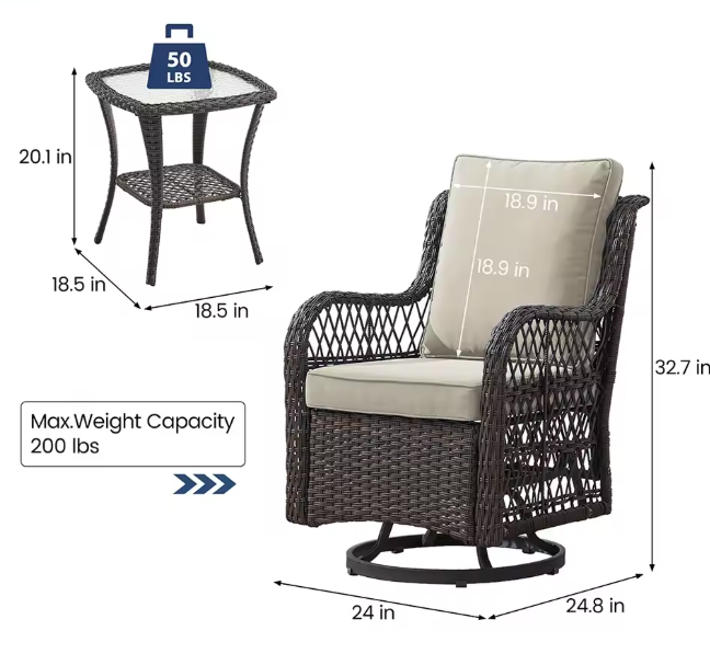 3-Piece Wicker Swivel Rocking Patio Set, 2 Chairs & Glass Table, Rattan Outdoor Furniture With Cushions For Patio Porch Backyard