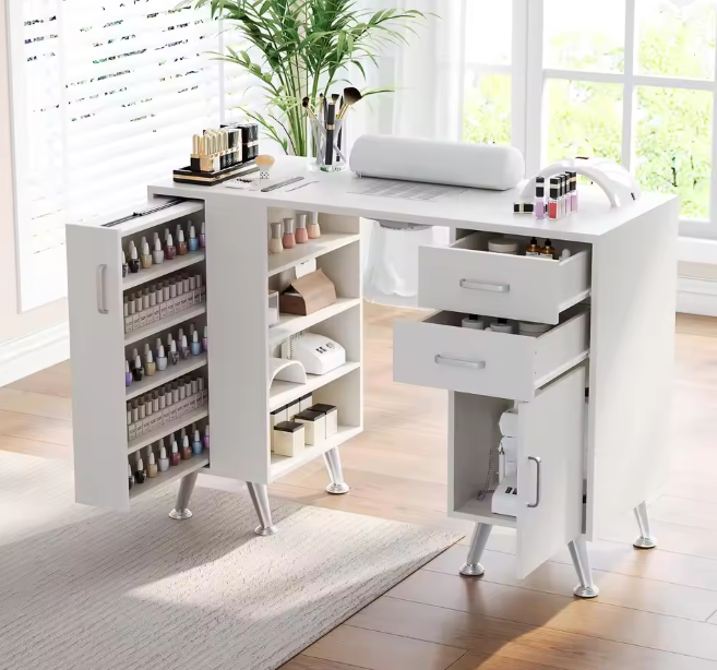 42.5" Electric Manicure Table With Dust Collector, Storage Cabinet, Drawers & Shelves, Nail Salon Workstation & Vanity Desk