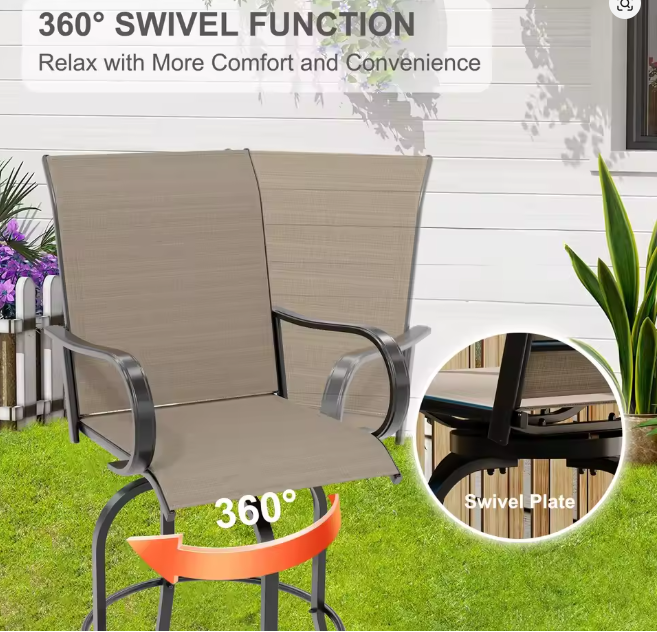 Set Of 2 All-Weather Swivel Bar Stools, 360&deg; Rotating Outdoor Counter Height Chairs With High Back & Armrests For Deck Patio