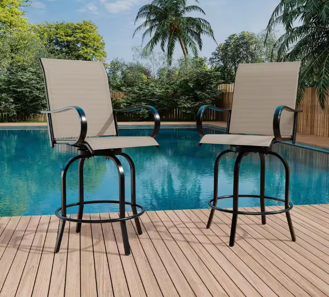 Set Of 2 All-Weather Swivel Bar Stools, 360&deg; Rotating Outdoor Counter Height Chairs With High Back & Armrests For Deck Patio