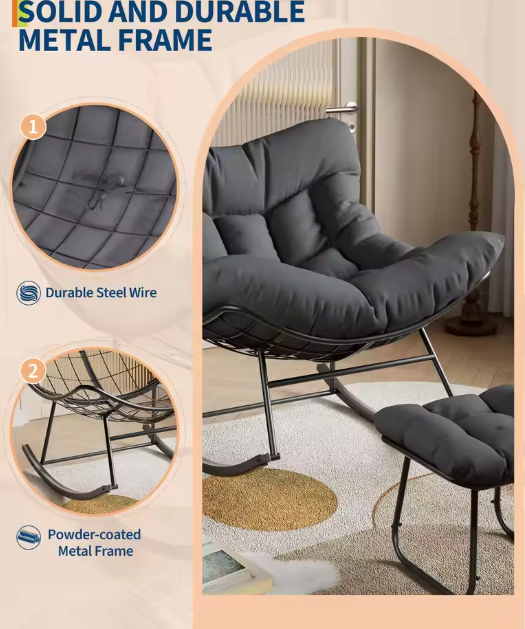 Oversized Papasan Rocking Chair With Ottoman, Outdoor Lounge Egg Rocker For Porch Balcony Backyard, Heavy Duty 450lb Capacity