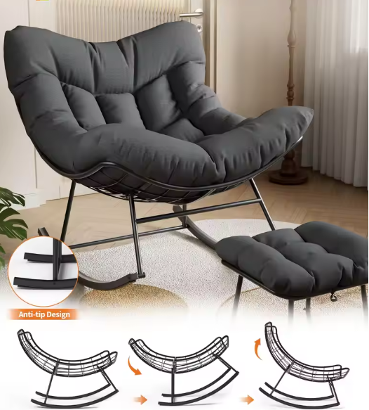 Oversized Papasan Rocking Chair With Ottoman, Outdoor Lounge Egg Rocker For Porch Balcony Backyard, Heavy Duty 450lb Capacity