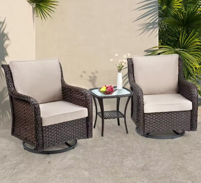 3-Piece Wicker Swivel Rocker Patio Set, 360&deg; Swivel Rocking Chairs With Tempered Glass Side Table, Outdoor Bistro Furniture
