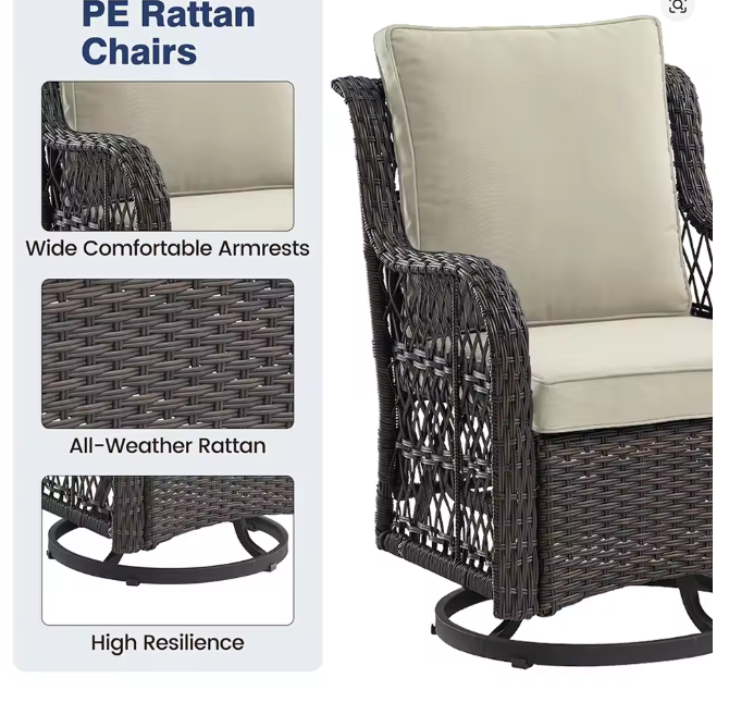 3-Piece Wicker Swivel Rocking Patio Set, 2 Chairs & Glass Table, Rattan Outdoor Furniture With Cushions For Patio Porch Backyard